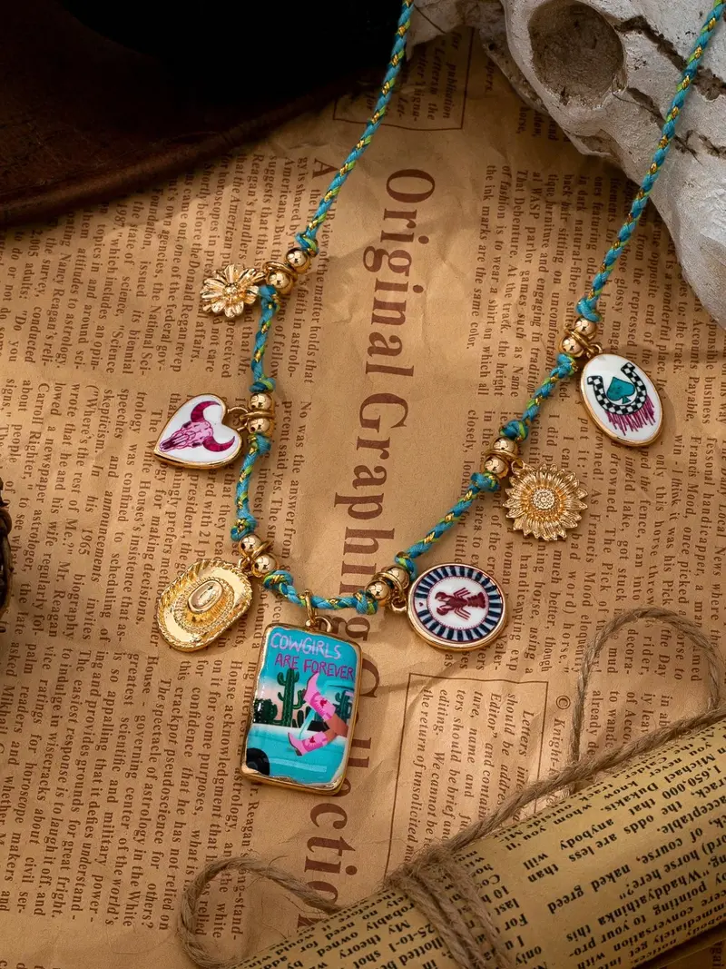 3pc Braided Cord Enamel Charms Necklace Set