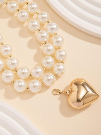 2pc Chunky Pearl Beaded Heart Necklace Set