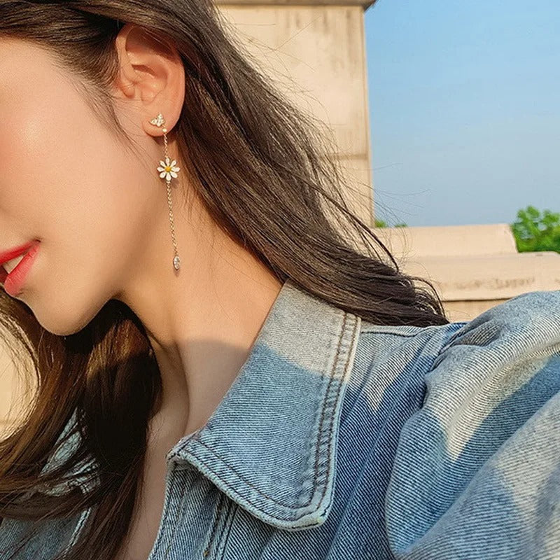 Long Daisy Asymmetrical Earrings