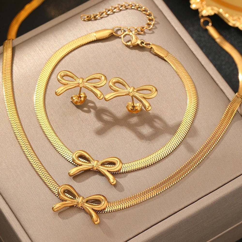 3pc Dainty Bow Necklace, Bracelet, & Earrings Set