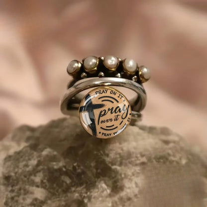 Faux Pearl & Cross Prayer Ring Set