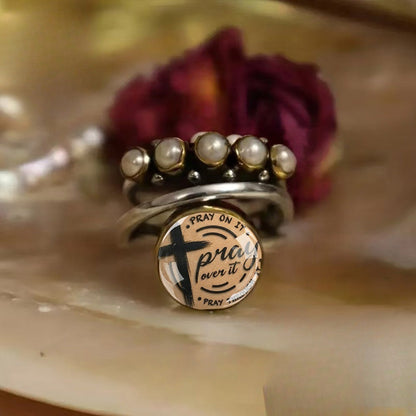 Faux Pearl & Cross Prayer Ring Set