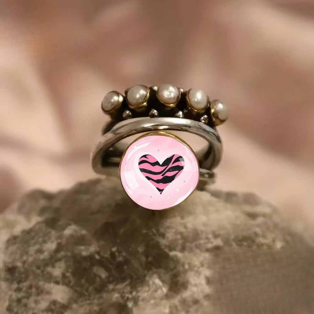 Pink Zebra Heart & Faux Pearl Ring