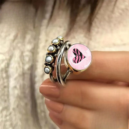Pink Zebra Heart & Faux Pearl Ring
