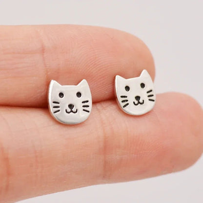 Whiskered Cat Face Stud Earrings