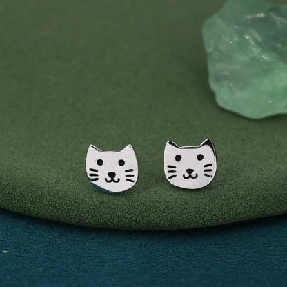 Whiskered Cat Face Stud Earrings