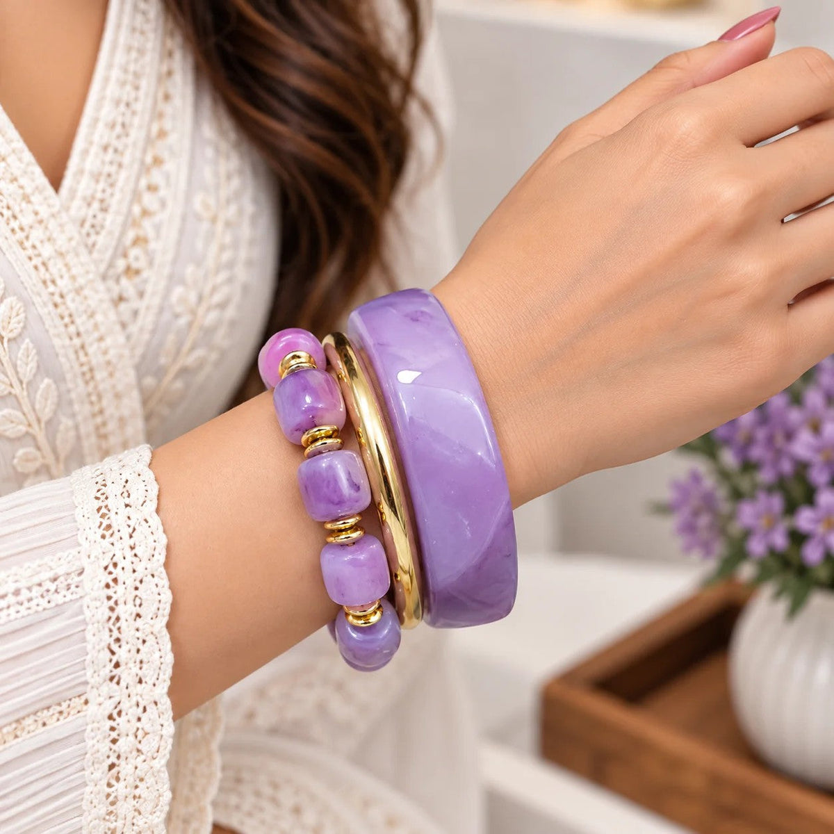 Turquoise Resin & Beaded Bangle Set