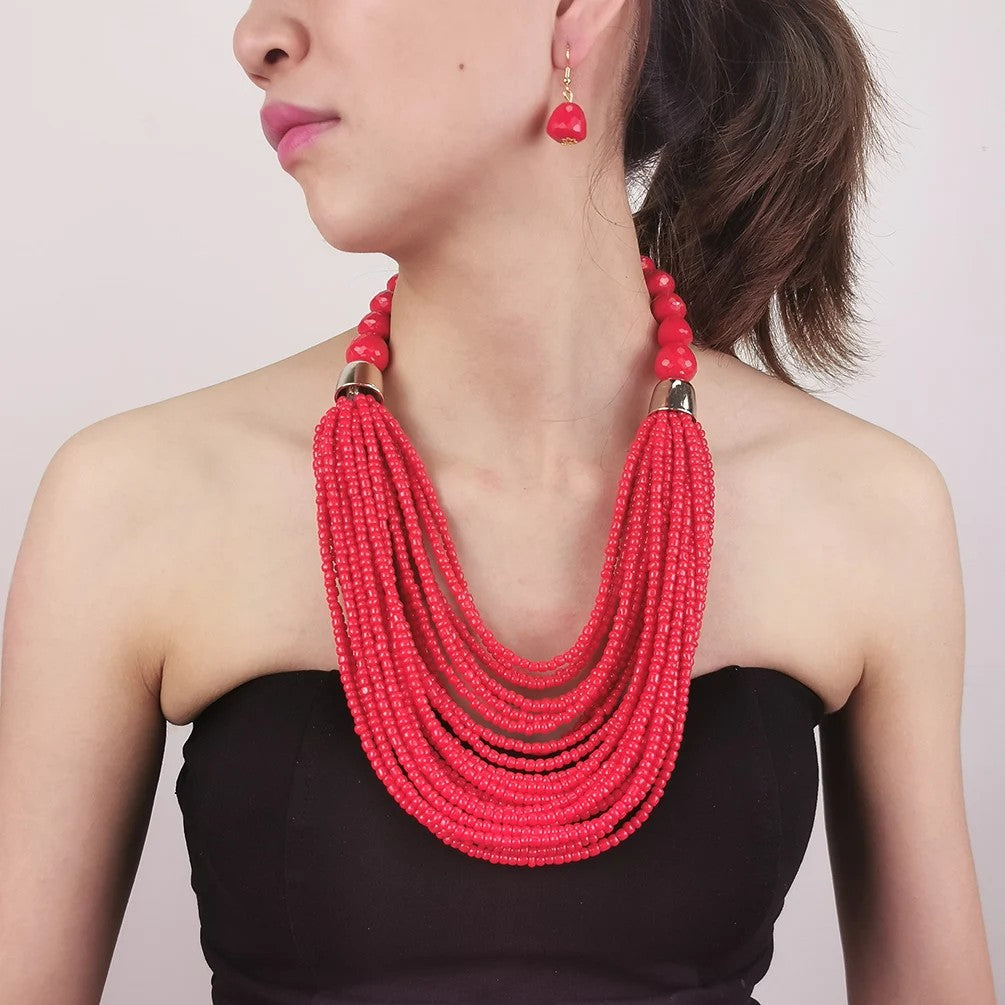 Coral Seed Bead Necklace & Earring Set