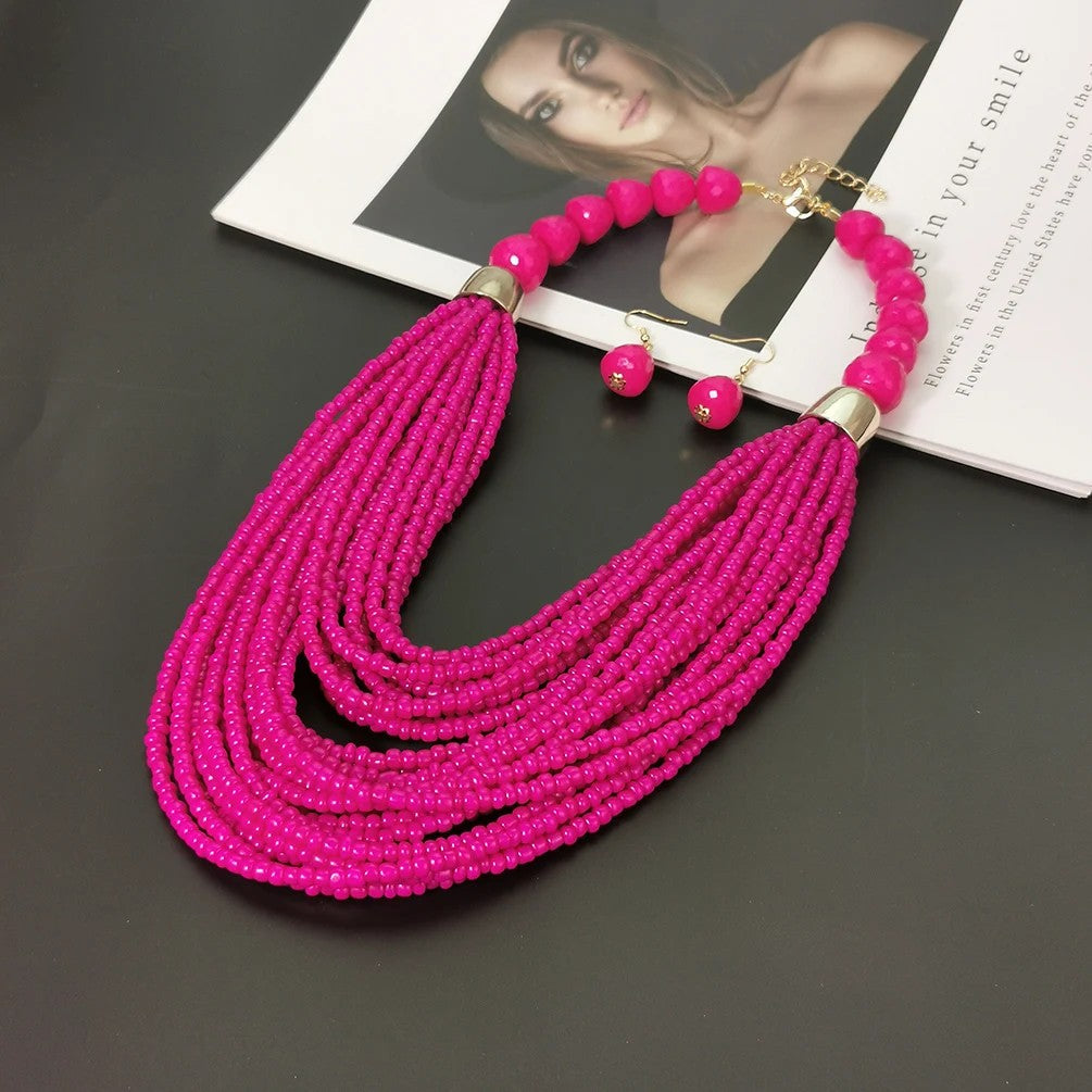 Coral Seed Bead Necklace & Earring Set