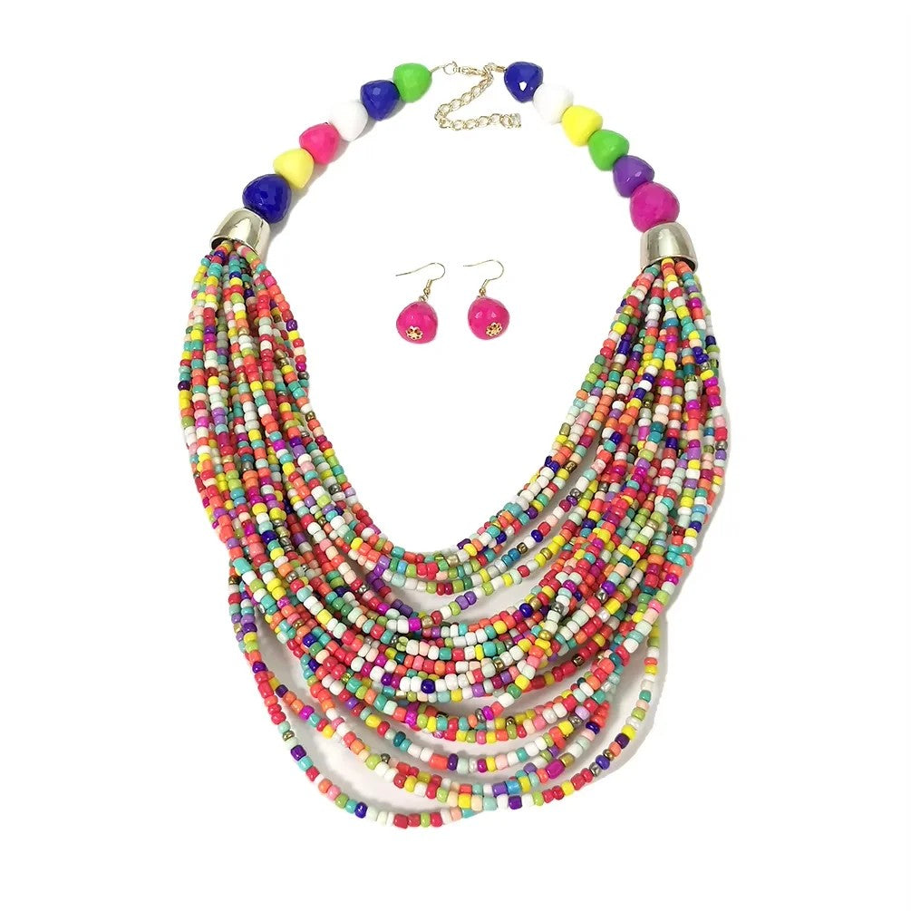 Coral Seed Bead Necklace & Earring Set