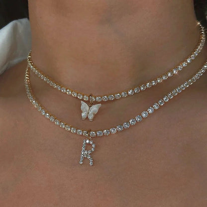 Crystal Initial Butterfly Tennis Necklace