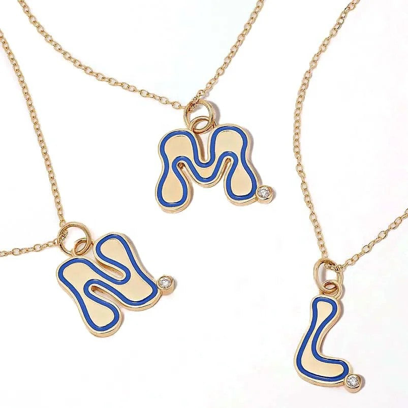 Wavy Blue Enamel Initial Necklace