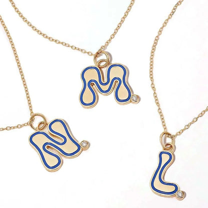 Wavy Blue Enamel Initial Necklace