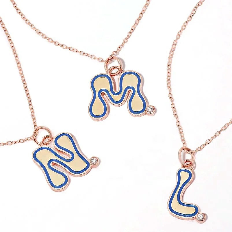 Wavy Blue Enamel Initial Necklace