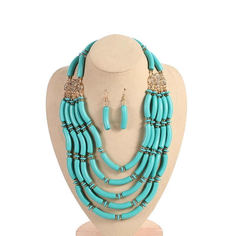 Blue Bead Layered Necklace Set
