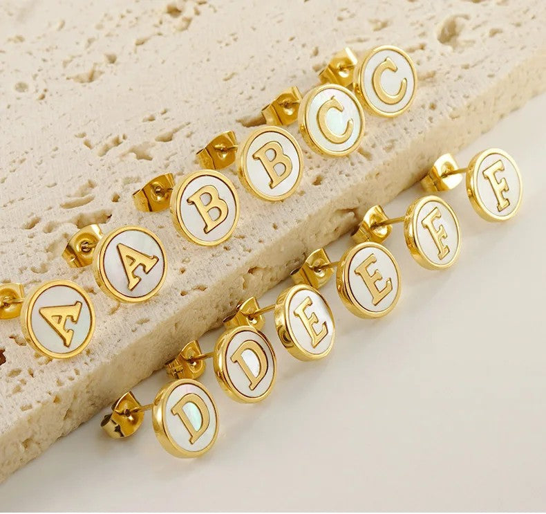 White Enamel Initial Letter Stud Earrings