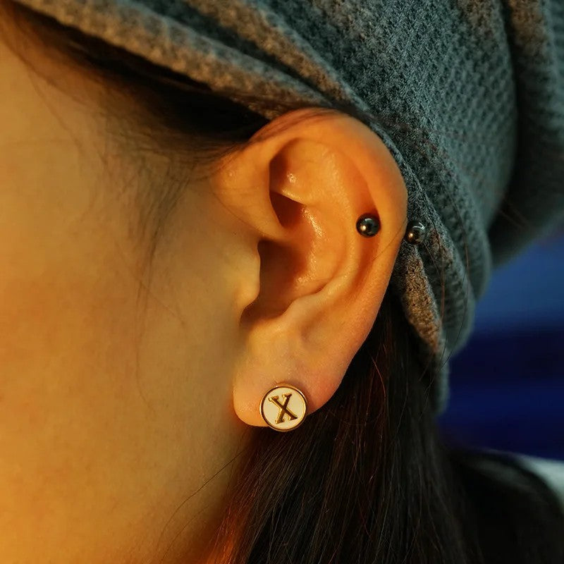 White Enamel Initial Letter Stud Earrings