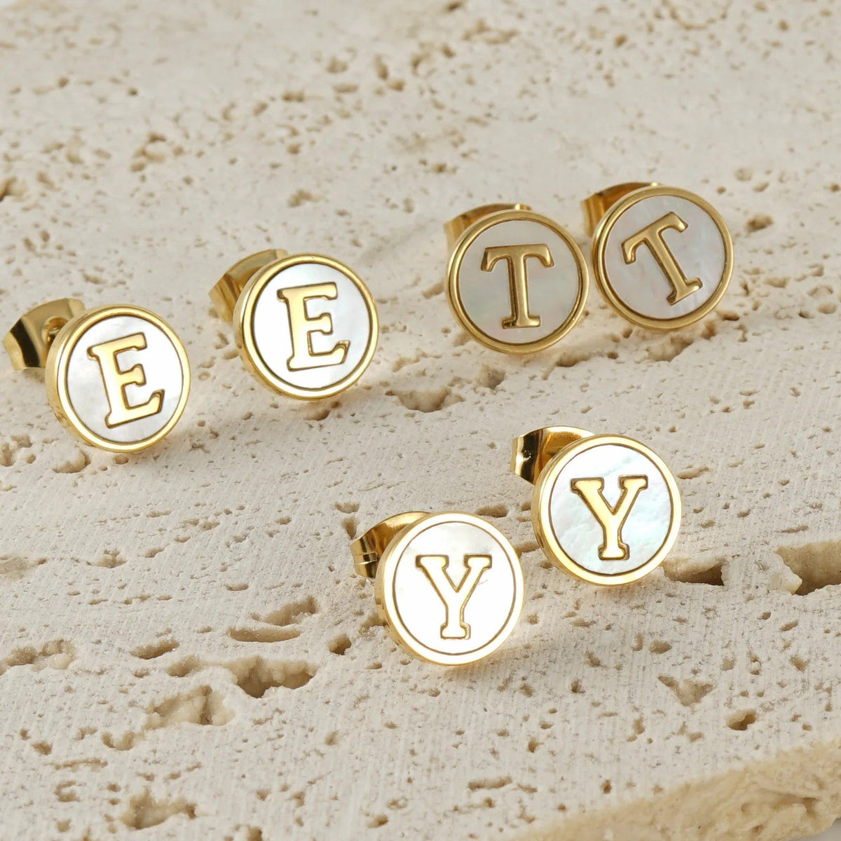 White Enamel Initial Letter Stud Earrings