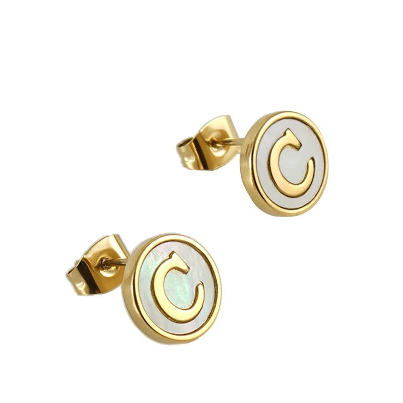 White Enamel Initial Letter Stud Earrings