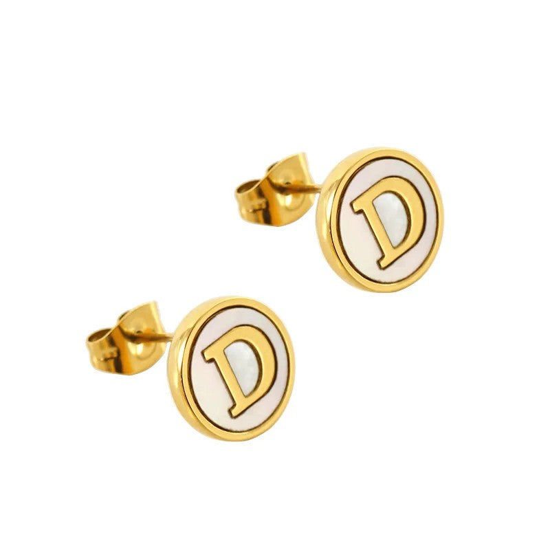 White Enamel Initial Letter Stud Earrings