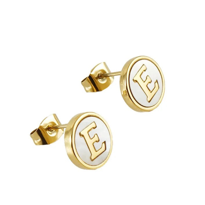 White Enamel Initial Letter Stud Earrings