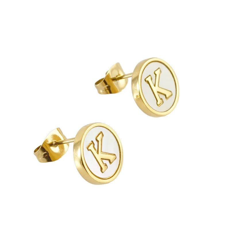 White Enamel Initial Letter Stud Earrings