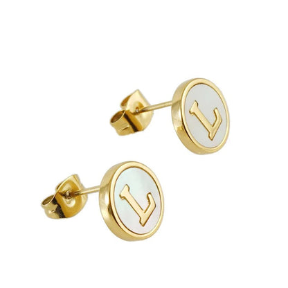 White Enamel Initial Letter Stud Earrings