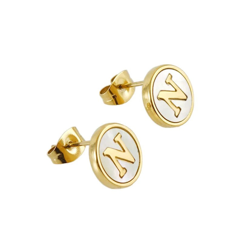 White Enamel Initial Letter Stud Earrings