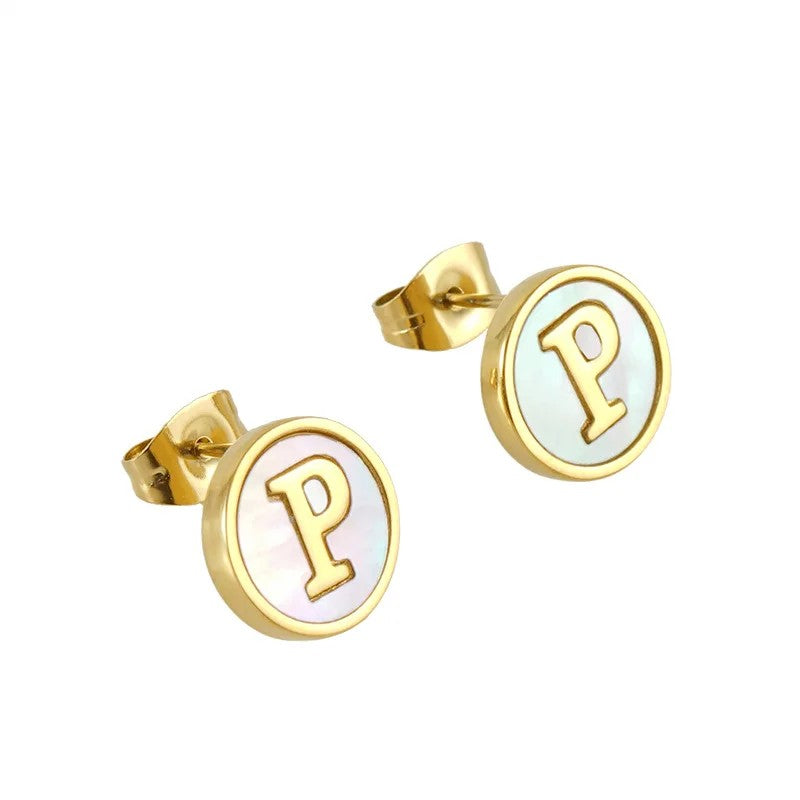White Enamel Initial Letter Stud Earrings