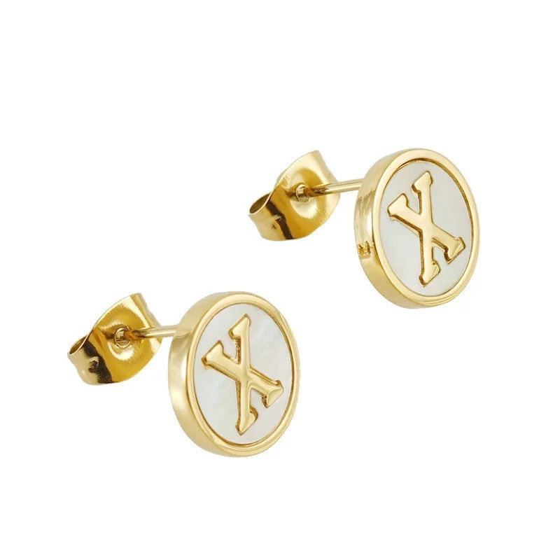White Enamel Initial Letter Stud Earrings