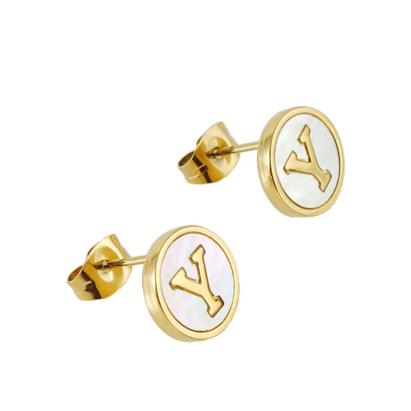White Enamel Initial Letter Stud Earrings
