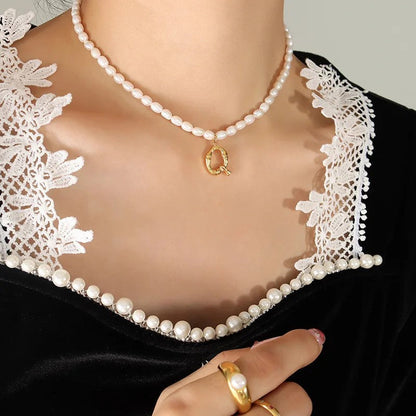 Wood Grain Initial Pearl Necklace