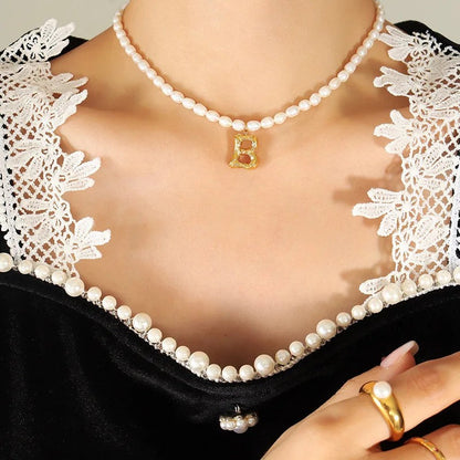 Wood Grain Initial Pearl Necklace
