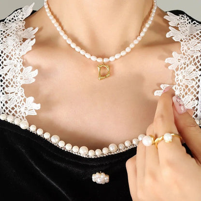 Wood Grain Initial Pearl Necklace