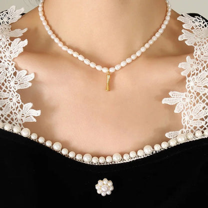 Wood Grain Initial Pearl Necklace