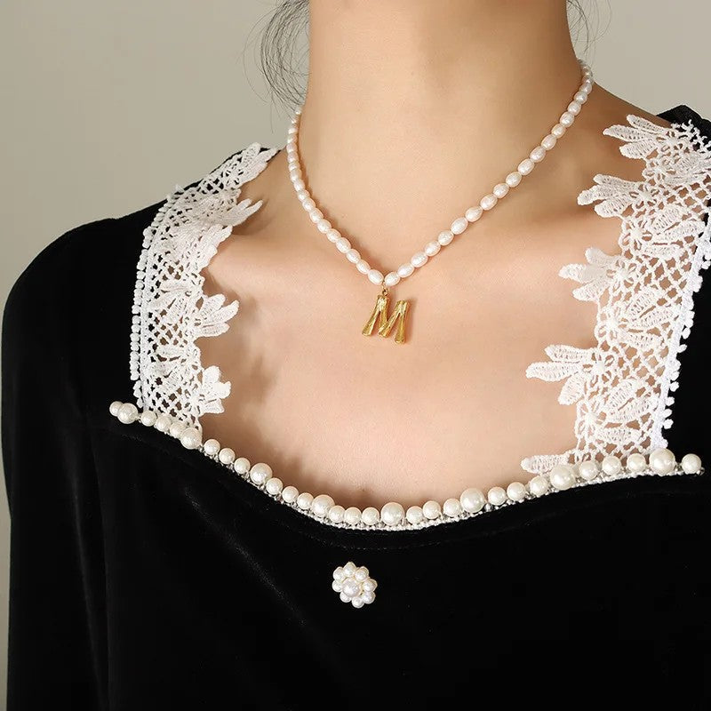 Wood Grain Initial Pearl Necklace