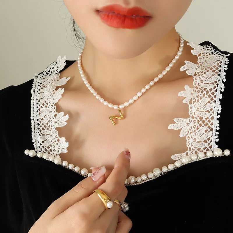 Wood Grain Initial Pearl Necklace