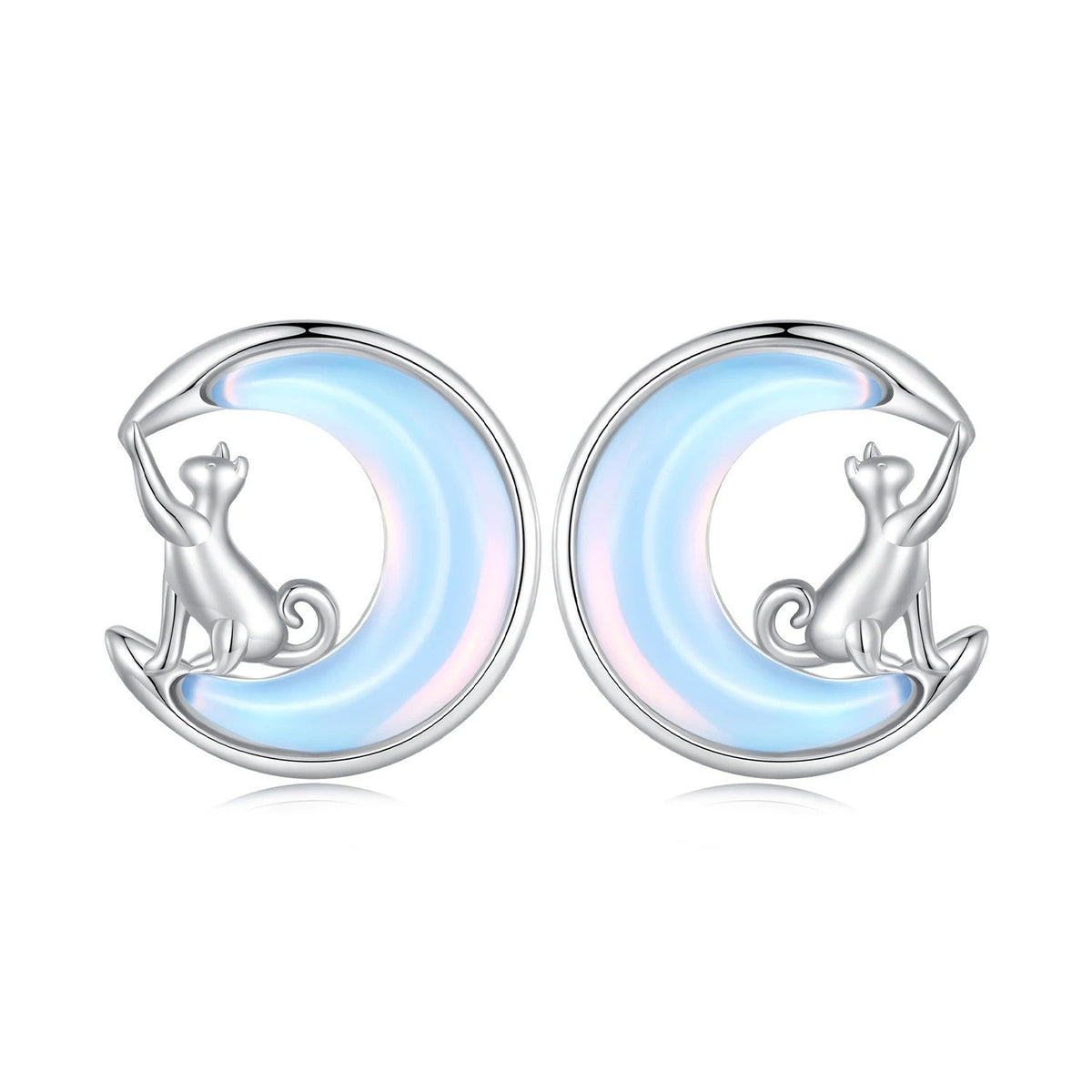 Opal Crescent Moon Cat Stud Earrings