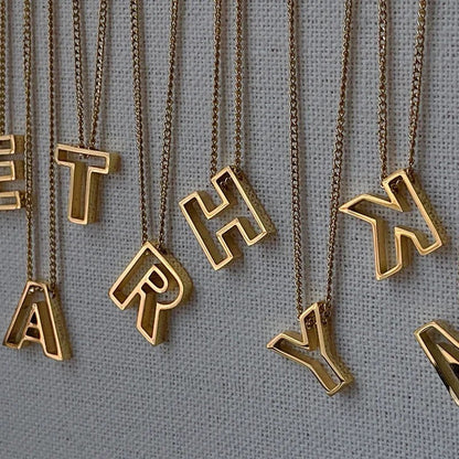 Hollow Block Letter Initial Necklace