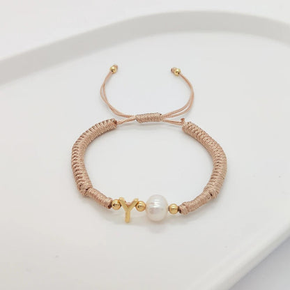Pearl Initial Wax Cord Bracelet