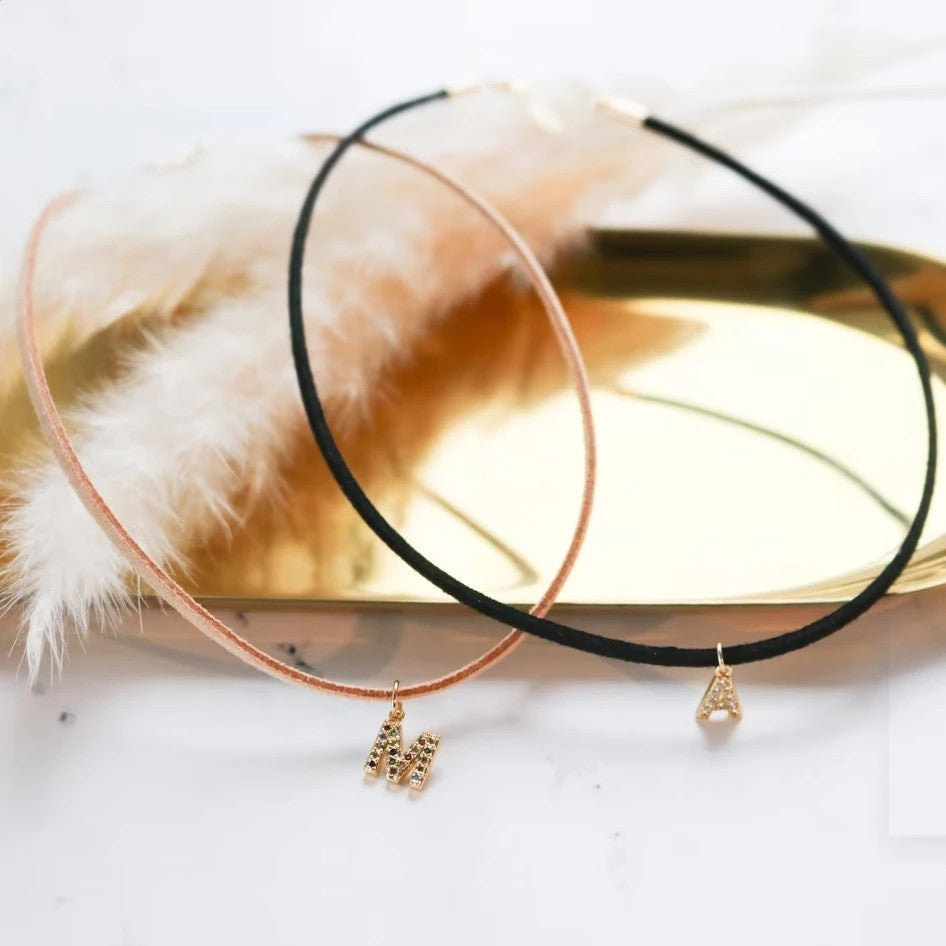 Crystal Initial Velvet Choker Necklace