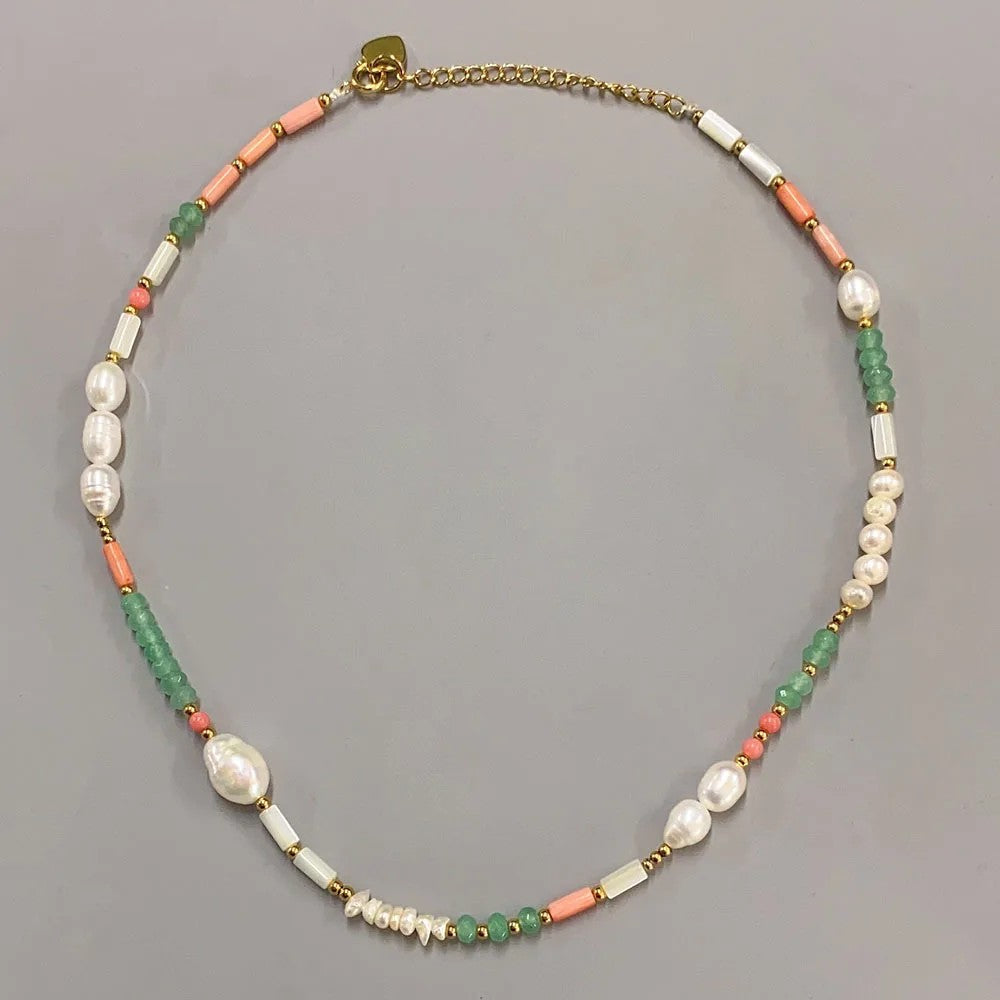 Multi-Strand Coral & Jade Beaded Necklace