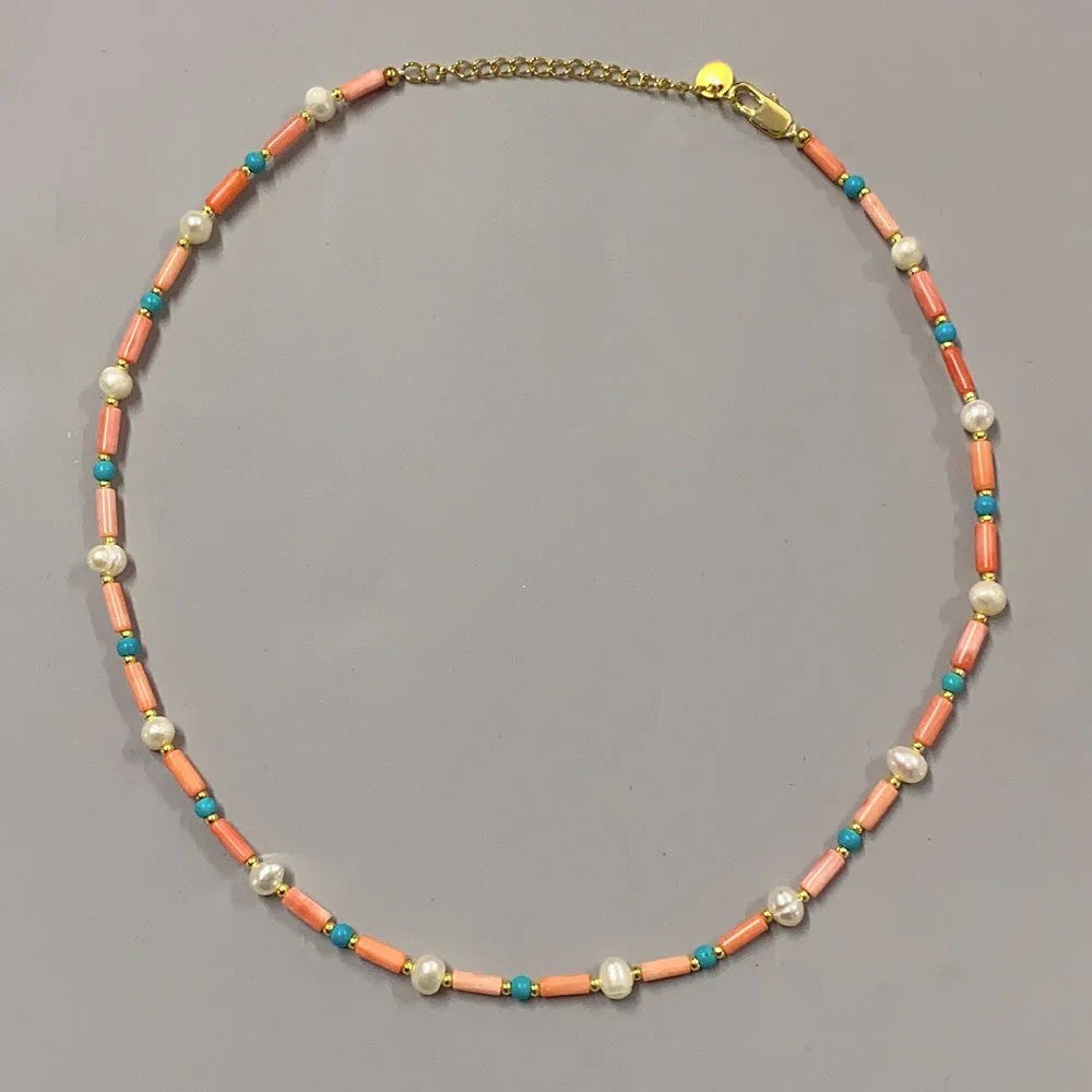 Multi-Strand Coral & Jade Beaded Necklace