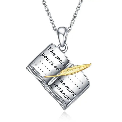 Book & Feather Pendant Necklace