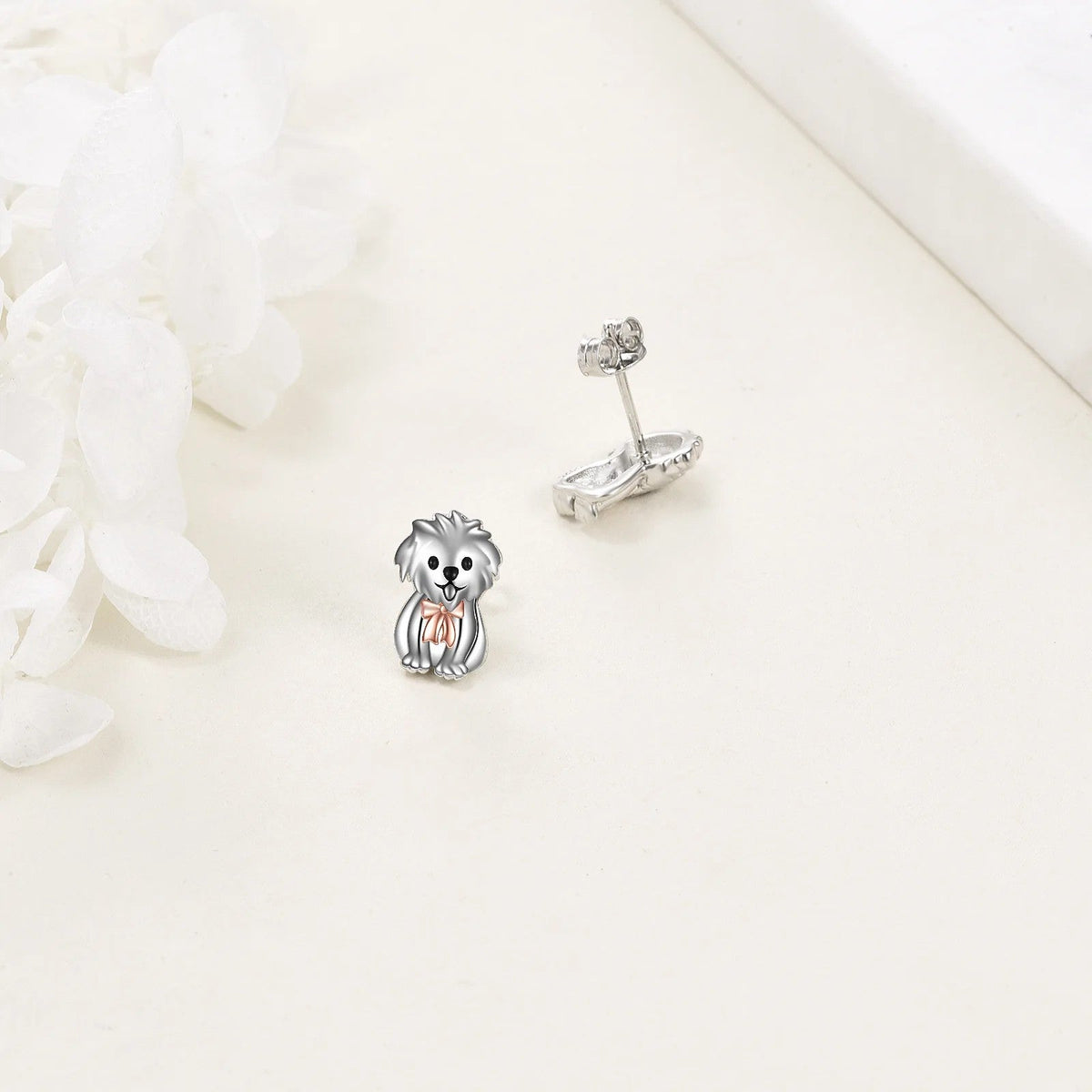 Rose Gold Bow Puppy Stud Earrings