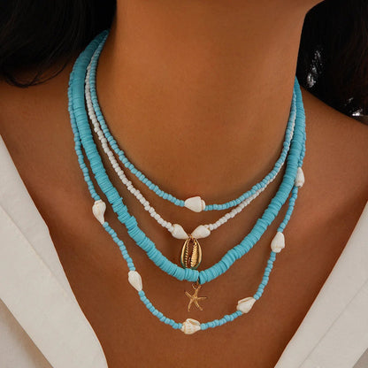 Blue Bead & Conch Shell Layered Necklace