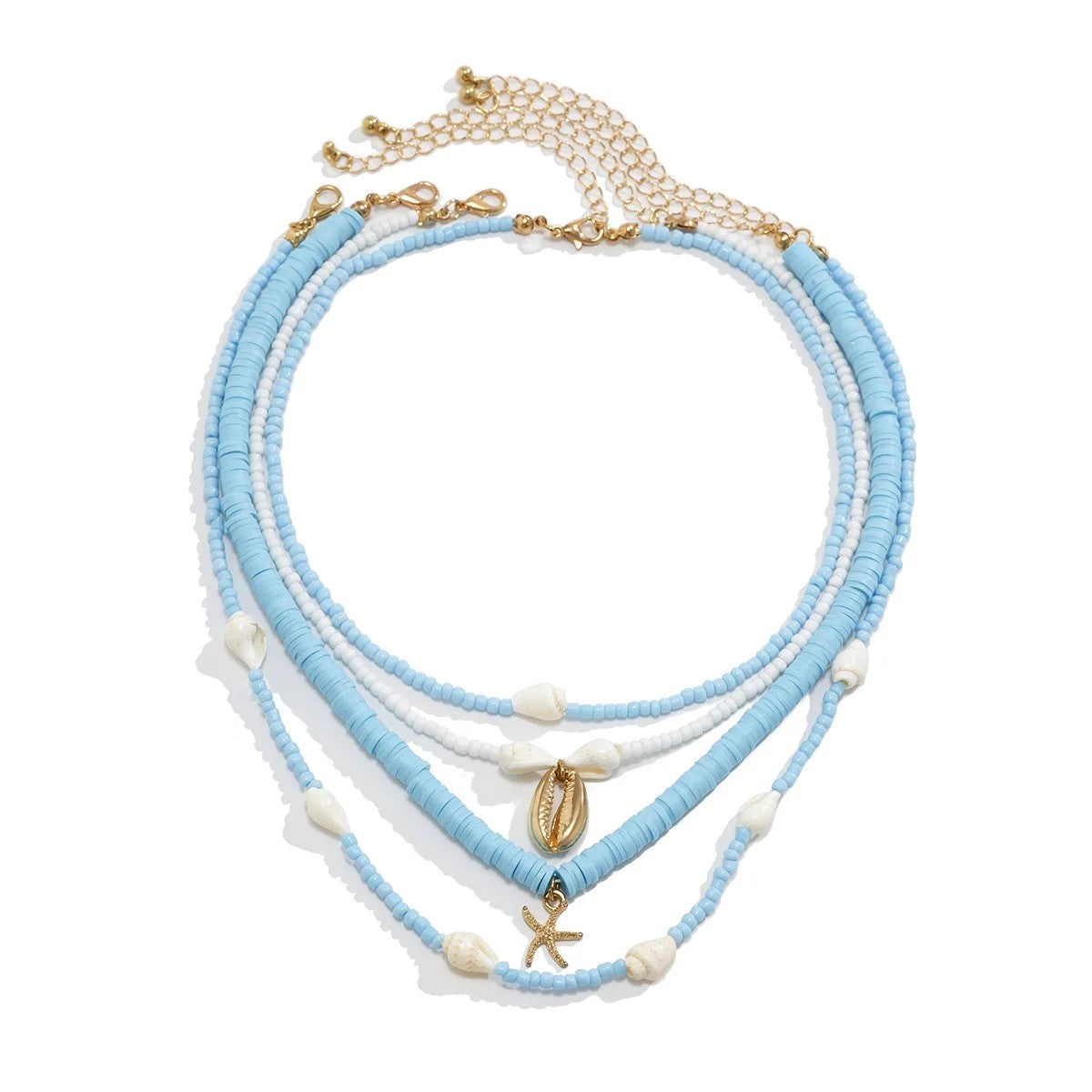 Blue Bead & Conch Shell Layered Necklace