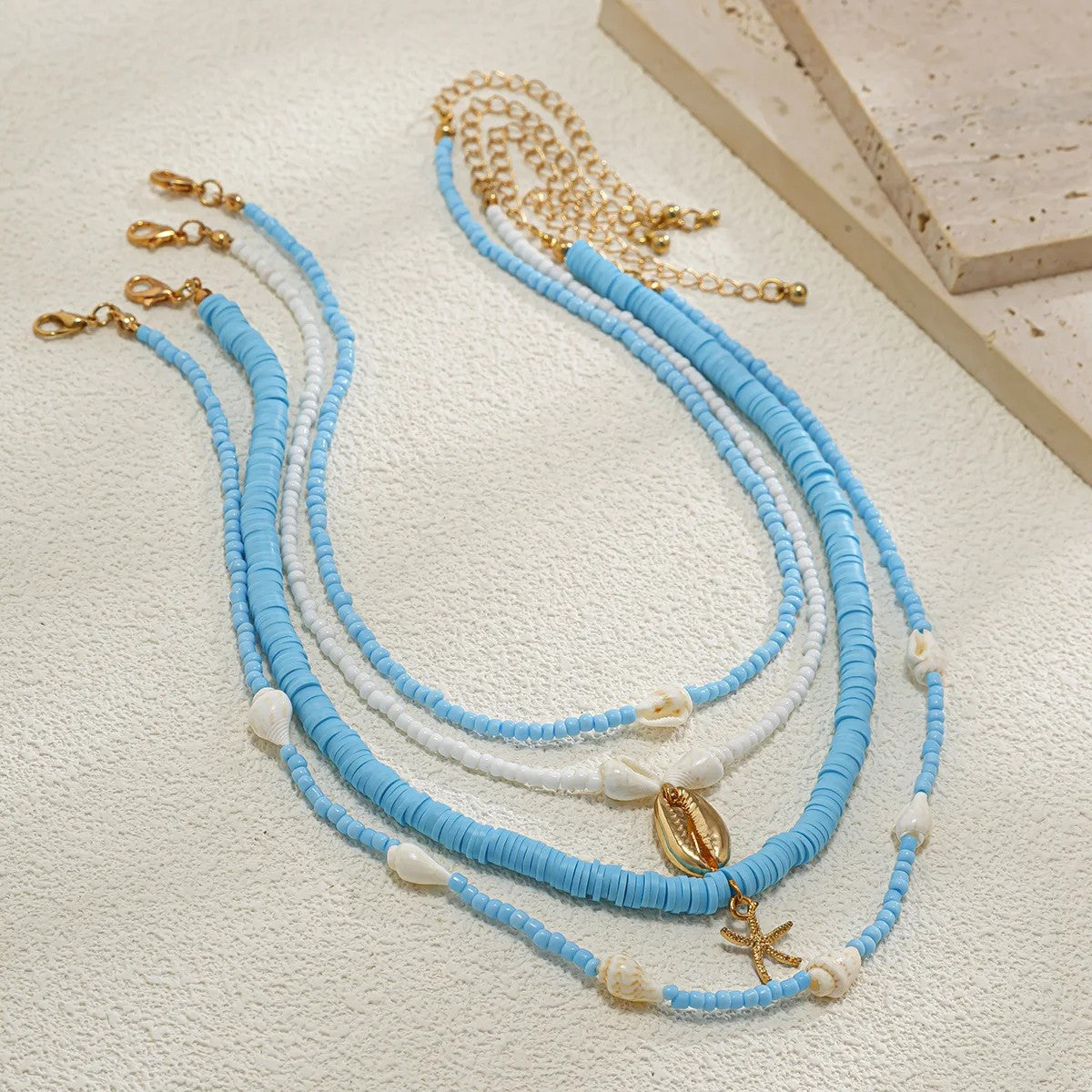 Blue Bead & Conch Shell Layered Necklace