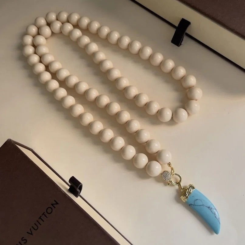 Cream Bead Turquoise Horn Necklace