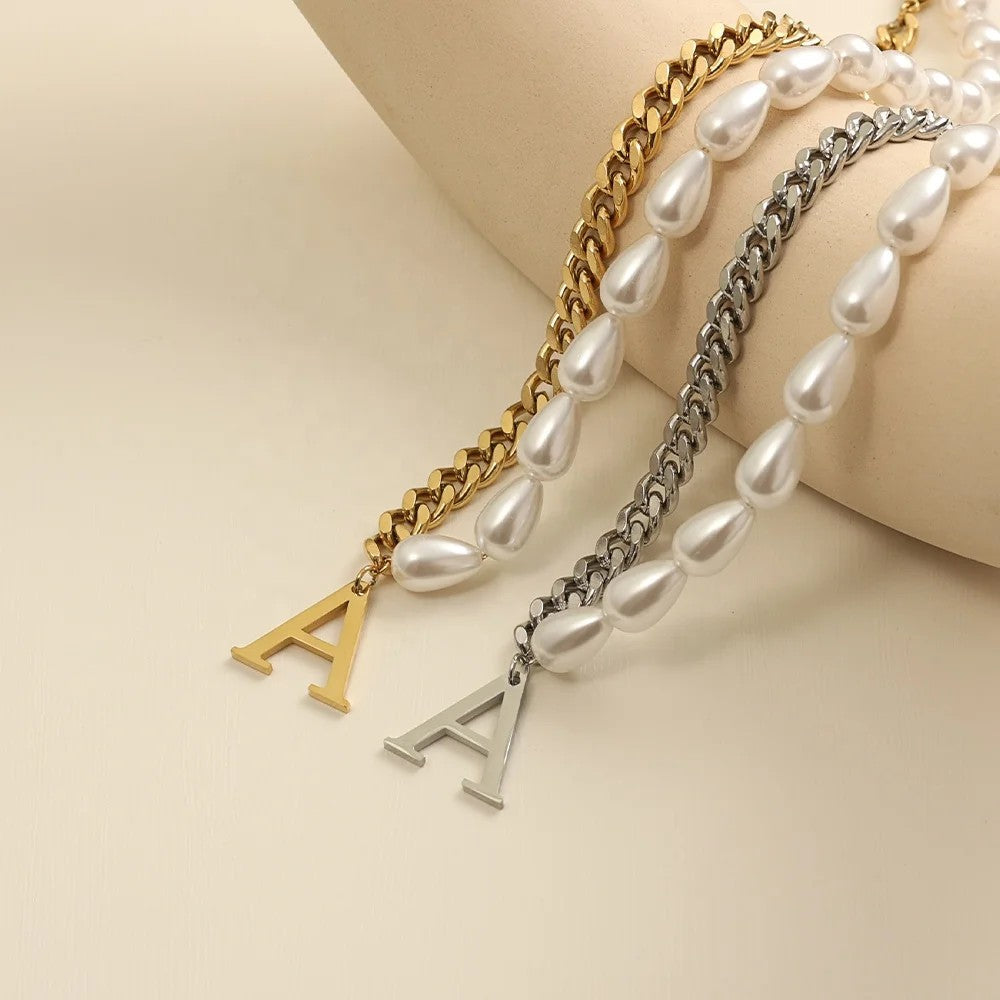 Half Pearl Half Chain Initial Necklace